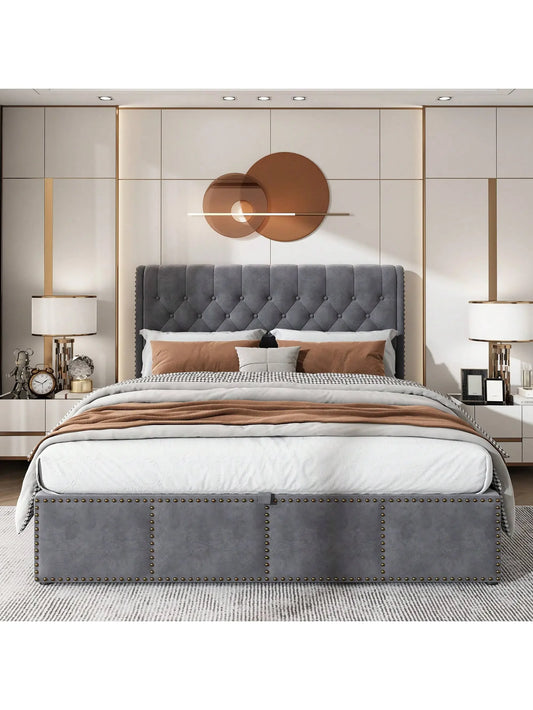 Yazarine Upholstered King Size Bed with Storage and Rivet Detail - Refined Maison®