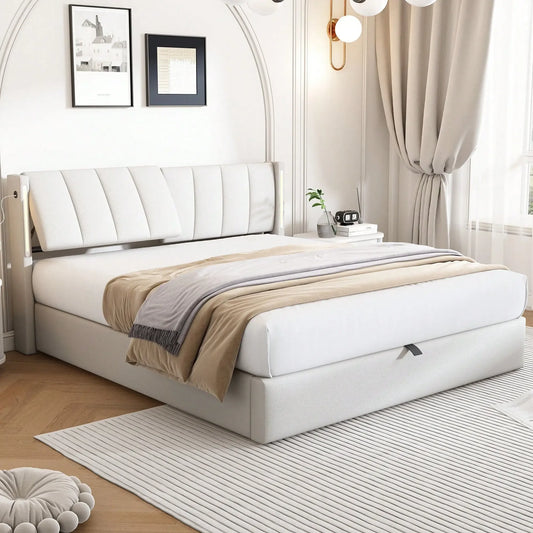 Felix Luxury LED Upholstered Double Bed with Storage & USB Port, White - Refined Maison®
