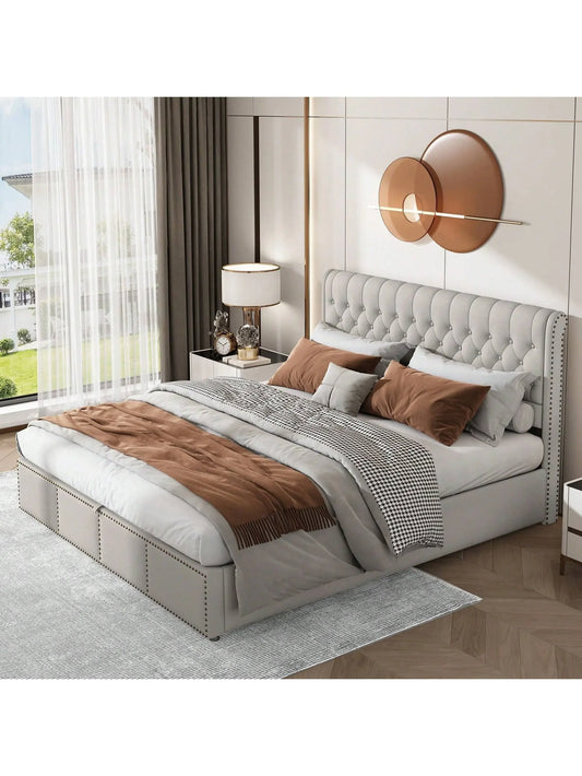 Yazarine Upholstered Super King Size Bed with Storage and Rivet Detail - Refined Maison®
