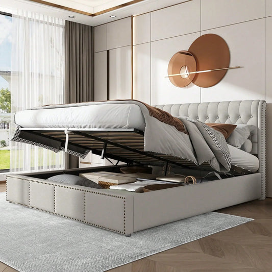 Yazarine Upholstered Double Bed with Storage and Rivet Detail - Refined Maison®