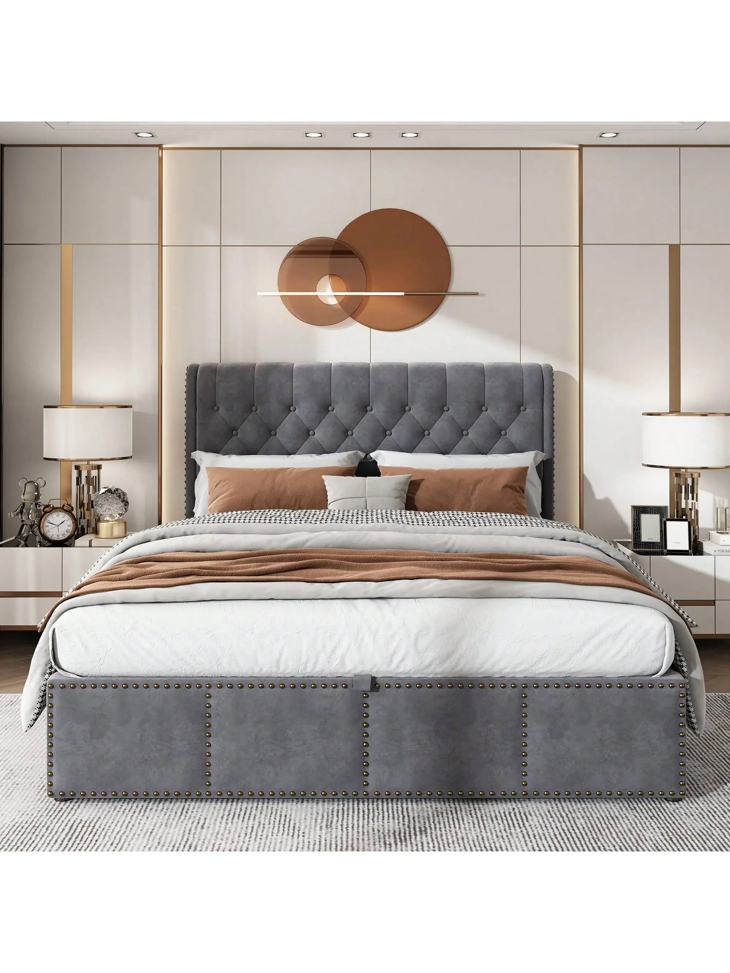 Yazarine Upholstered King Size Bed with Storage and Rivet Detail - Refined Maison®