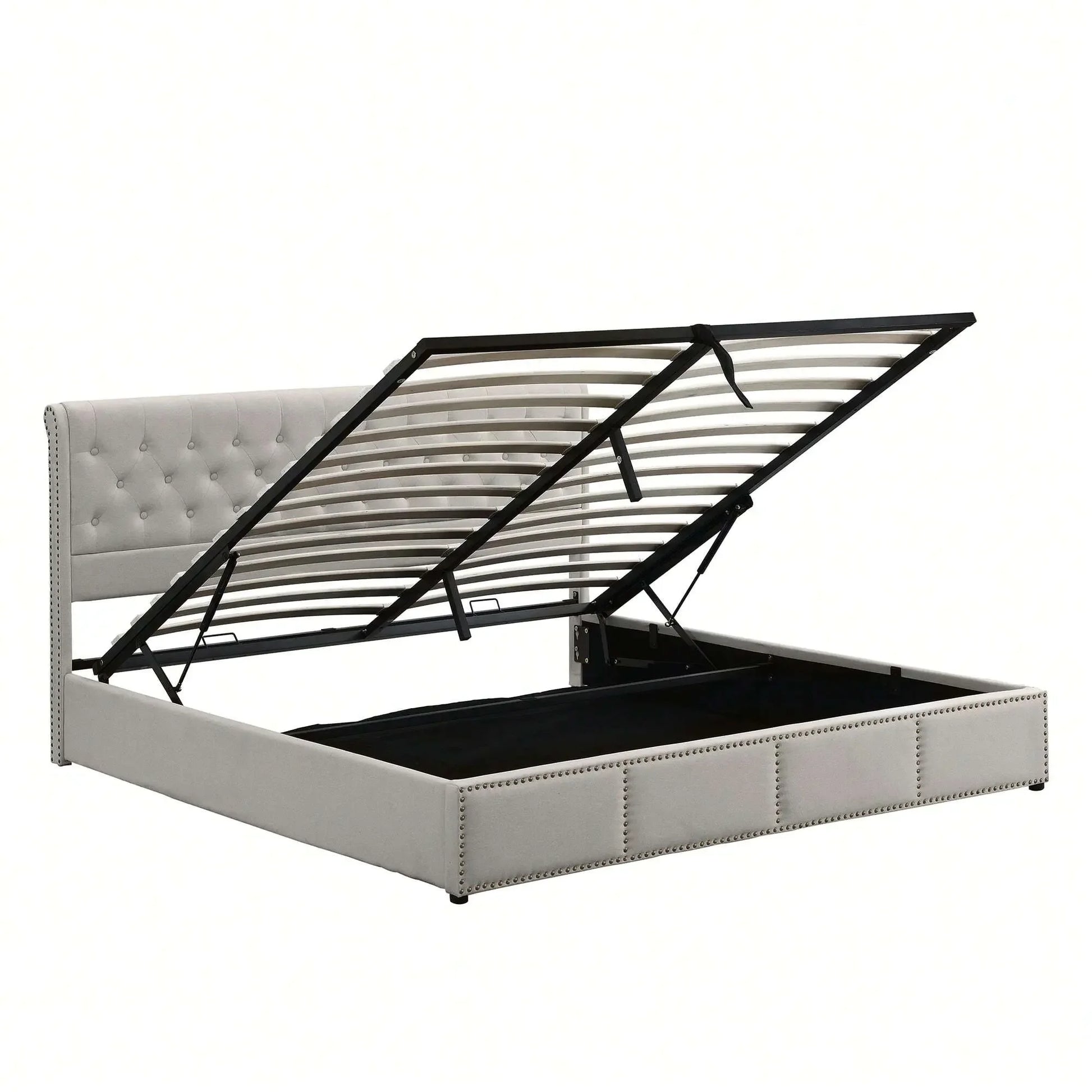 Yazarine Upholstered King Size Bed with Storage and Rivet Detail - Refined Maison®
