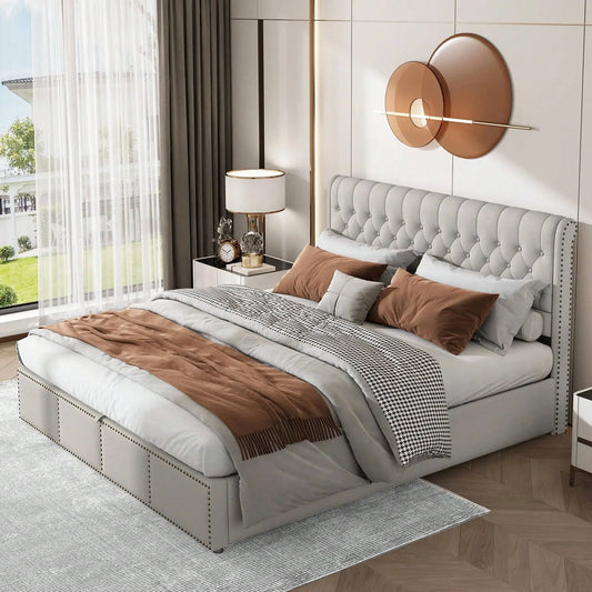 Yazarine Upholstered King Size Bed with Storage and Rivet Detail - Refined Maison®