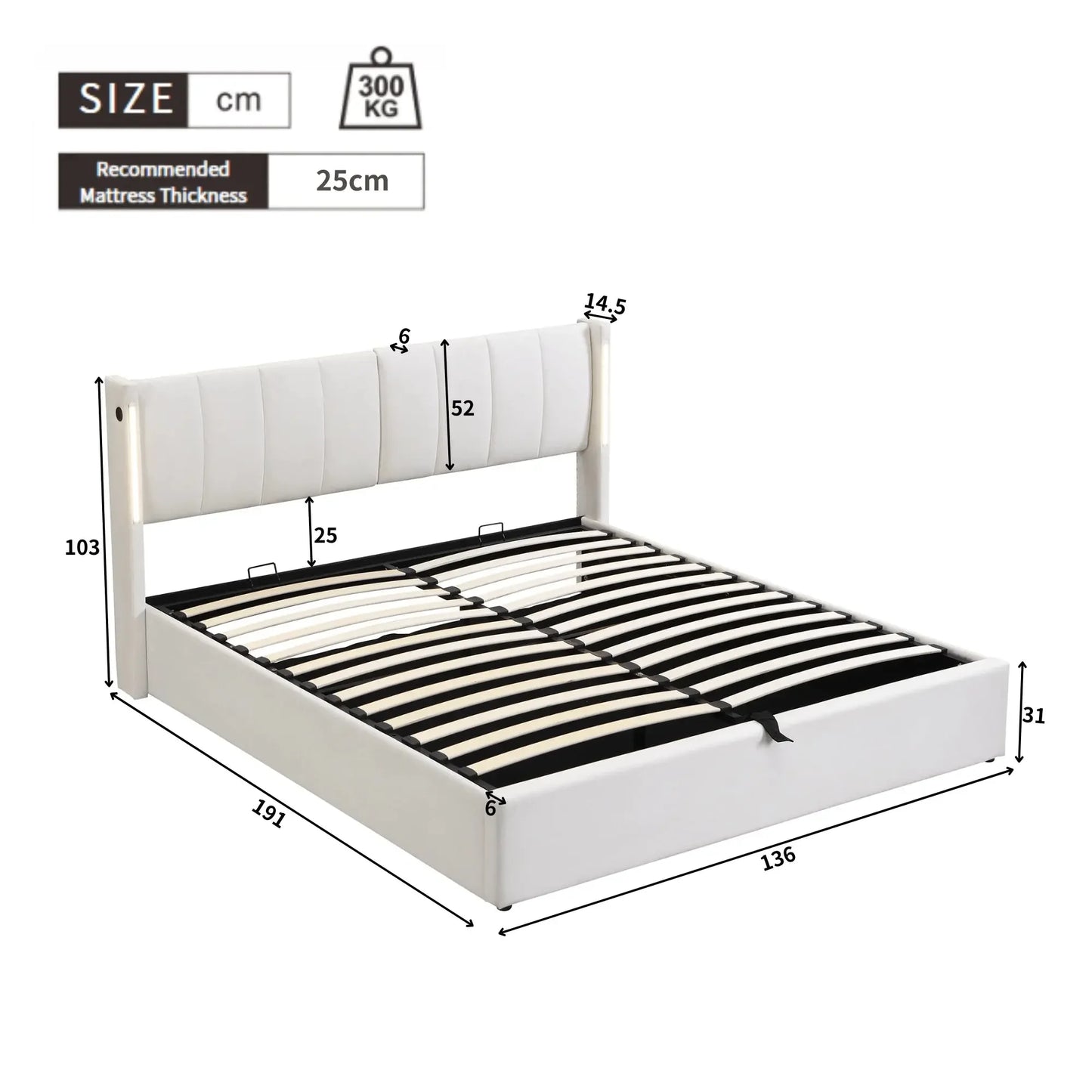Felix Luxury LED Upholstered Double Bed with Storage & USB Port, White - Refined Maison®