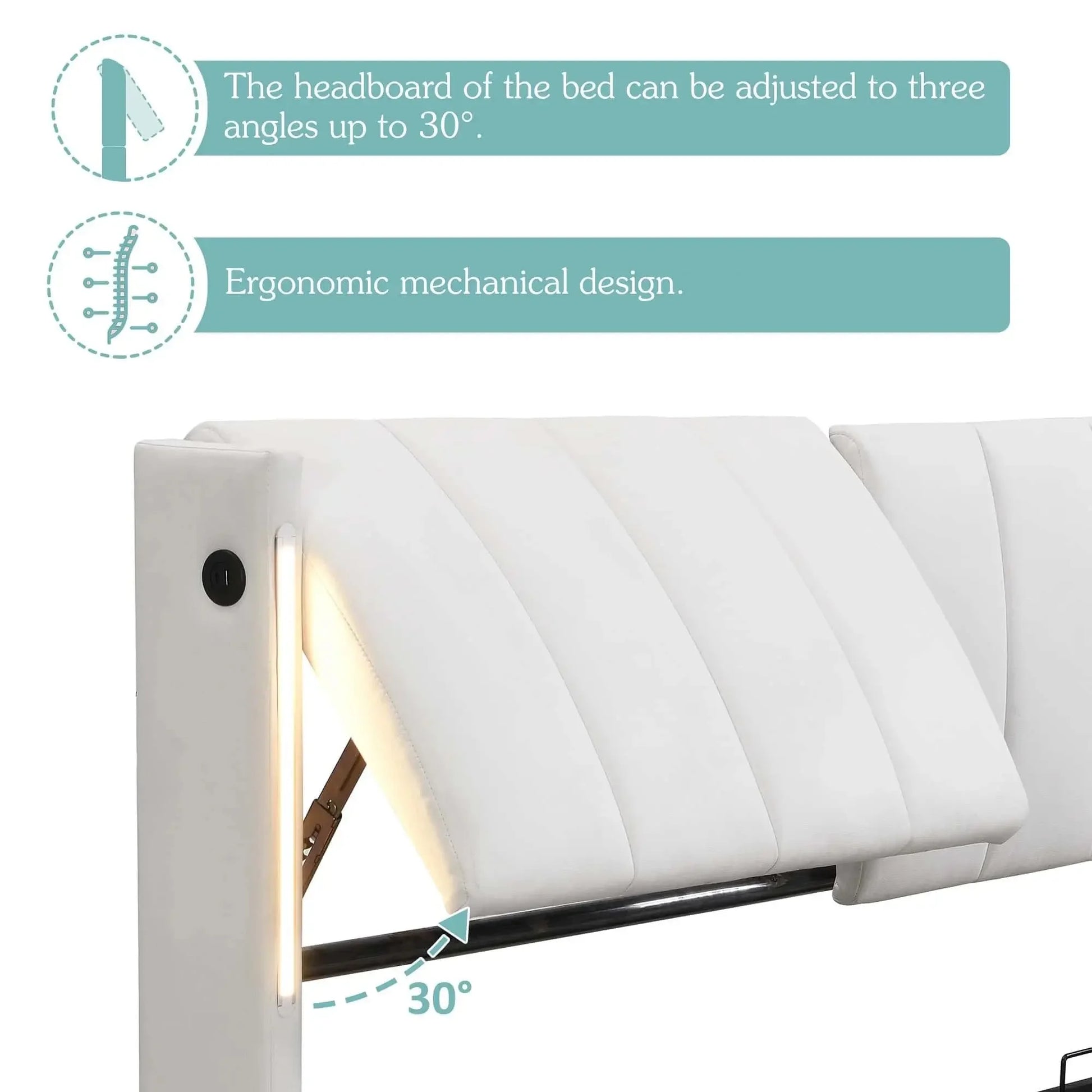 Felix Luxury LED Upholstered Double Bed with Storage & USB Port, White - Refined Maison®