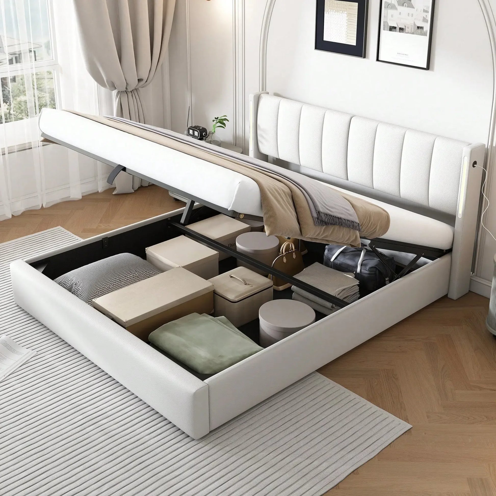Felix Luxury LED Upholstered Double Bed with Storage & USB Port, White - Refined Maison®