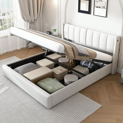 Felix Luxury LED Upholstered Double Bed with Storage & USB Port, White - Refined Maison®