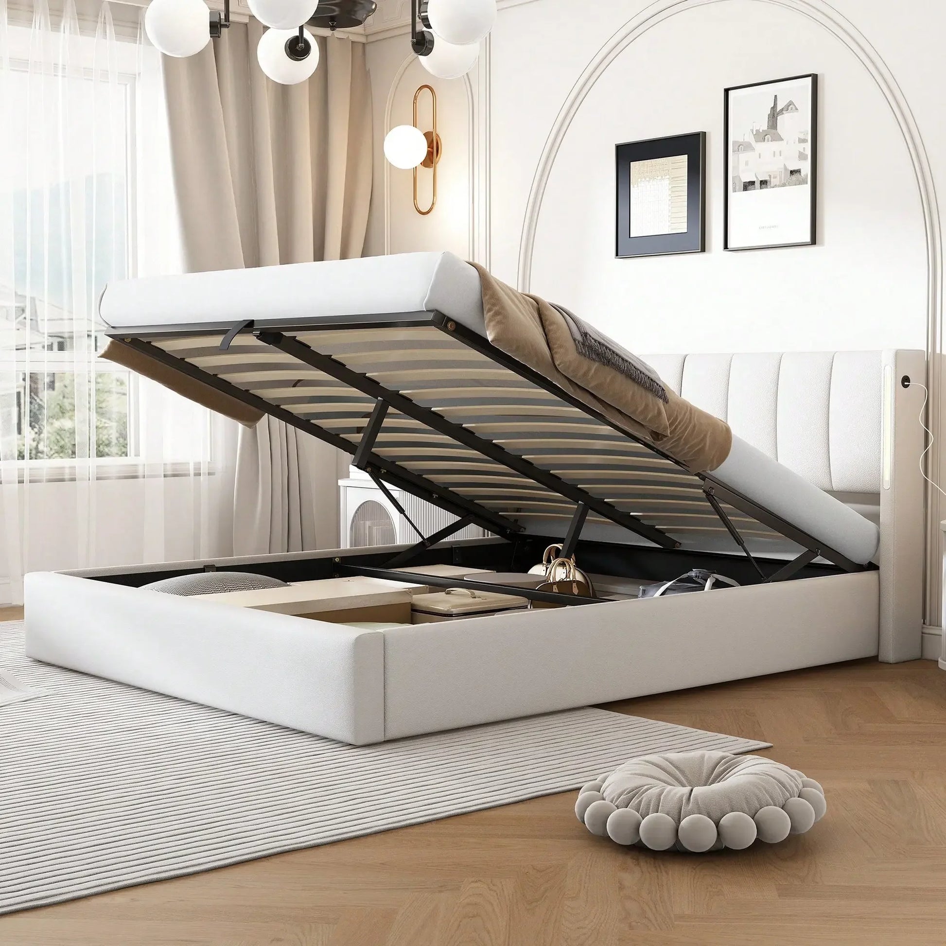 Felix Luxury LED Upholstered Double Bed with Storage & USB Port, White - Refined Maison®