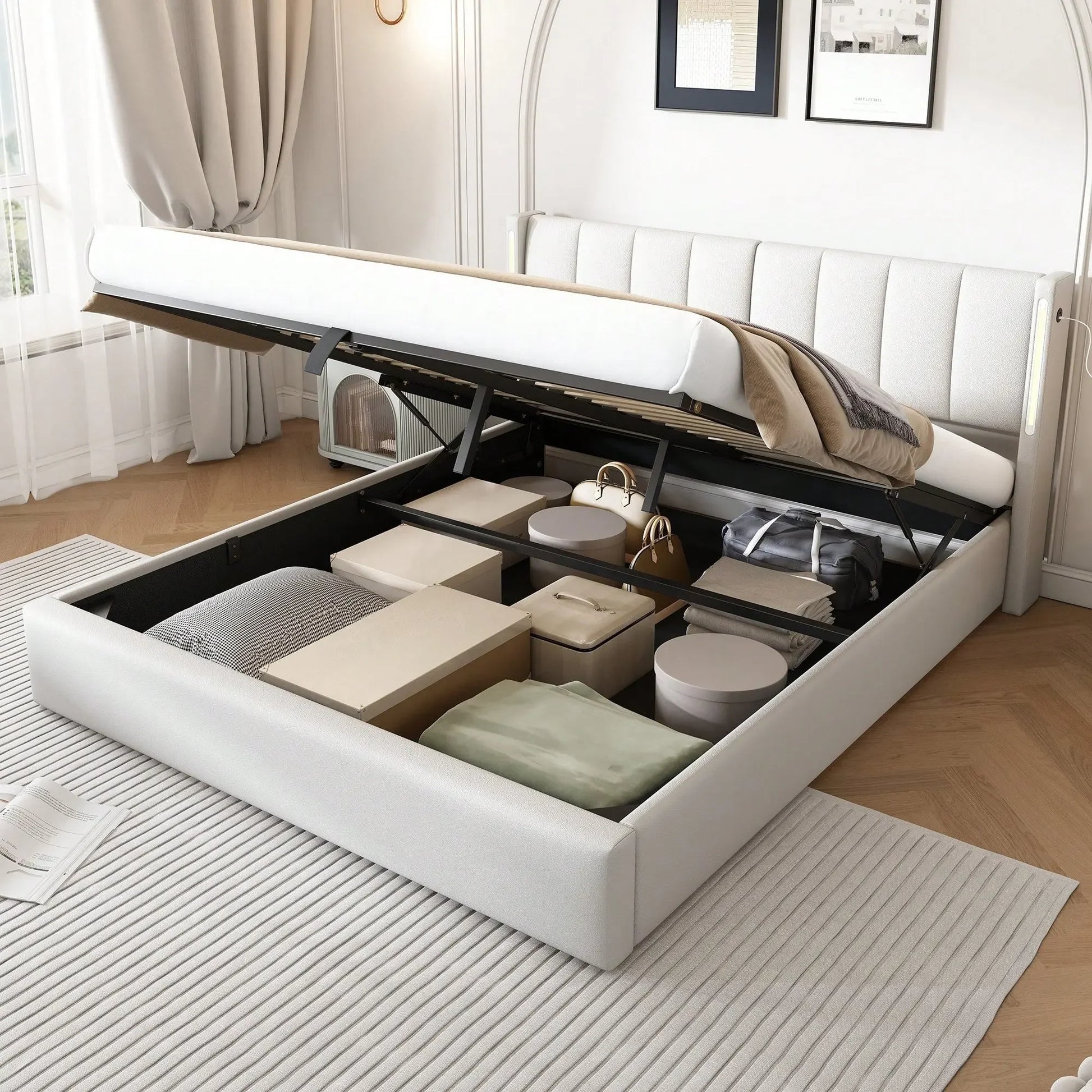 Felix Luxury LED Upholstered Double Bed with Storage & USB Port, White - Refined Maison®