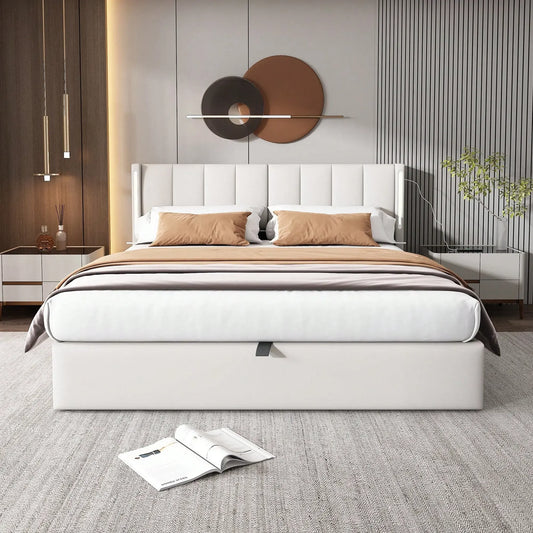 Felix Luxury LED Upholstered Double Bed with Storage & USB Port, White - Refined Maison®