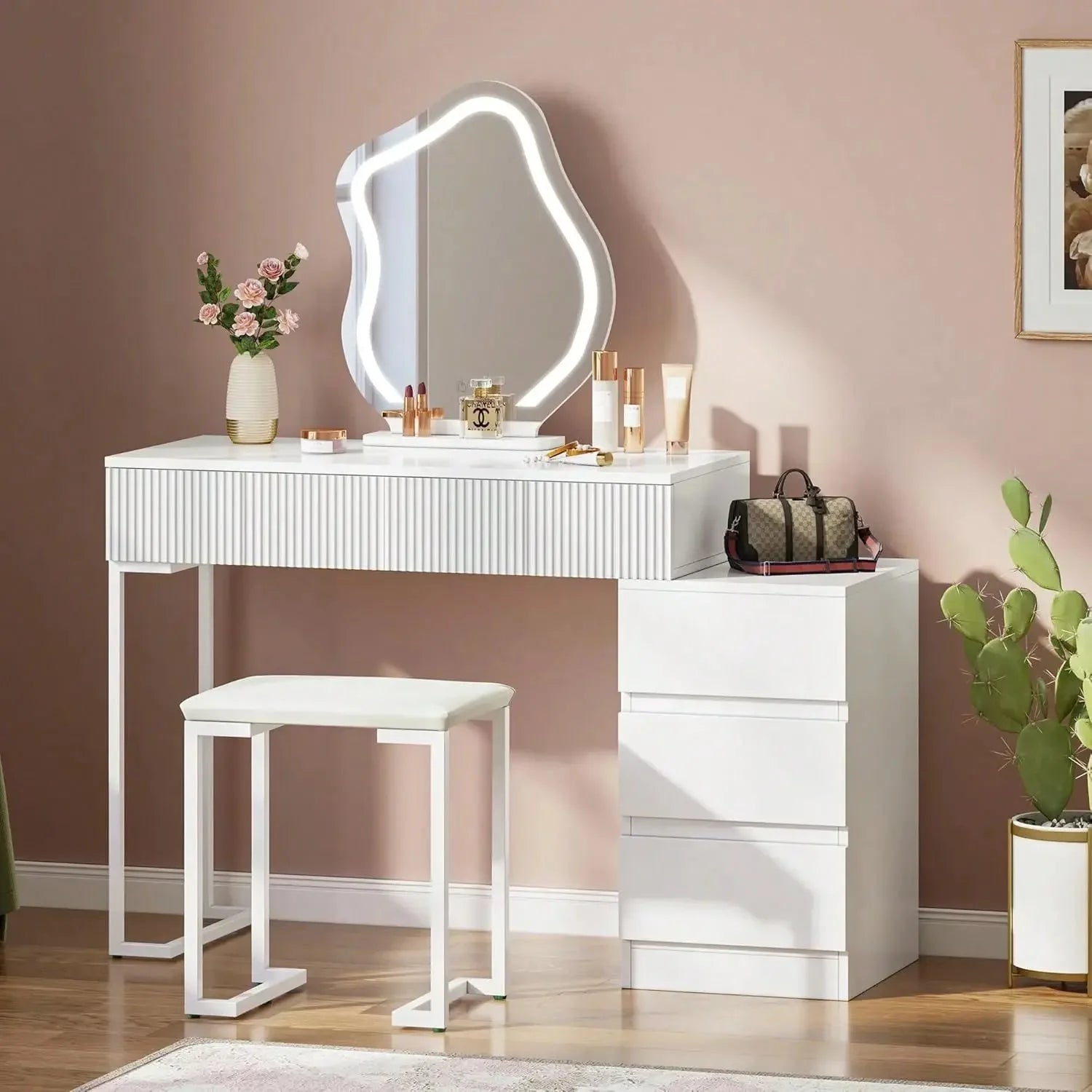 Kinesha White Vanity Set with Mirror, Lights & Drawers Refined Maison®