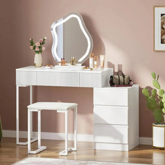 Kinesha White Vanity Set with Mirror, Lights & Drawers Refined Maison®
