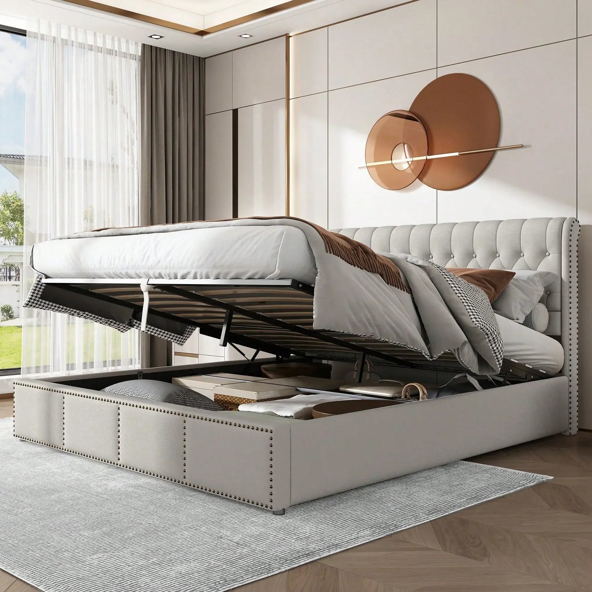 Yazarine Upholstered Super King Size Bed with Storage and Rivet Detail - Refined Maison®