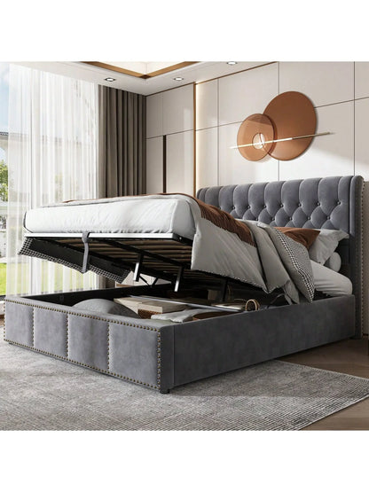 Yazarine Upholstered Double Bed with Storage and Rivet Detail - Refined Maison®