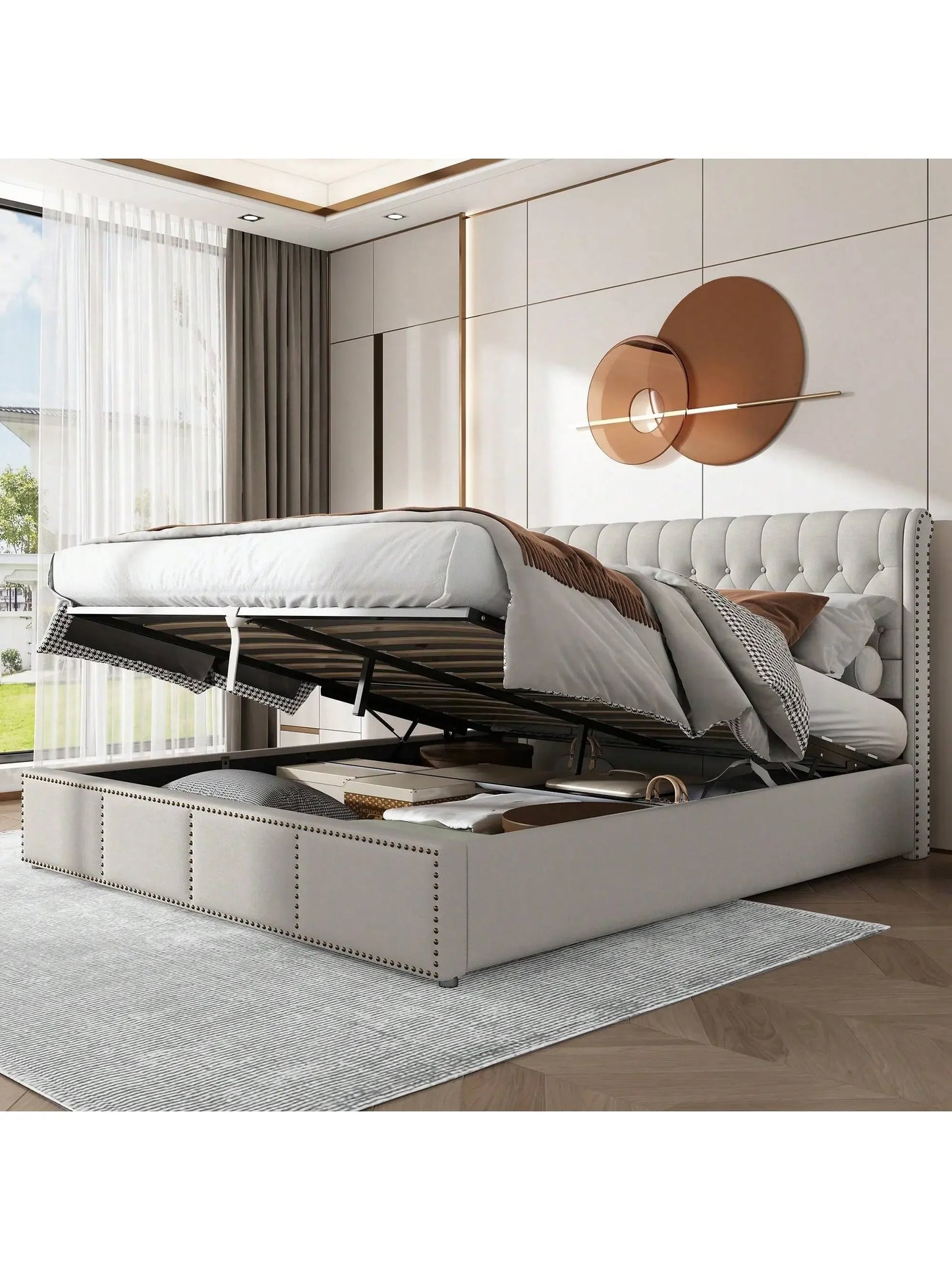 Yazarine Upholstered Double Bed with Storage and Rivet Detail - Refined Maison®