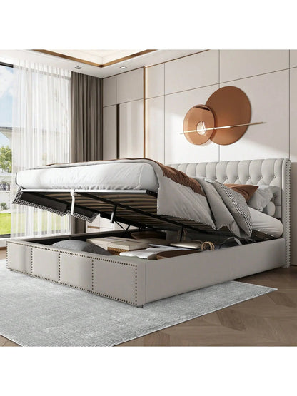 Yazarine Upholstered Double Bed with Storage and Rivet Detail - Refined Maison®