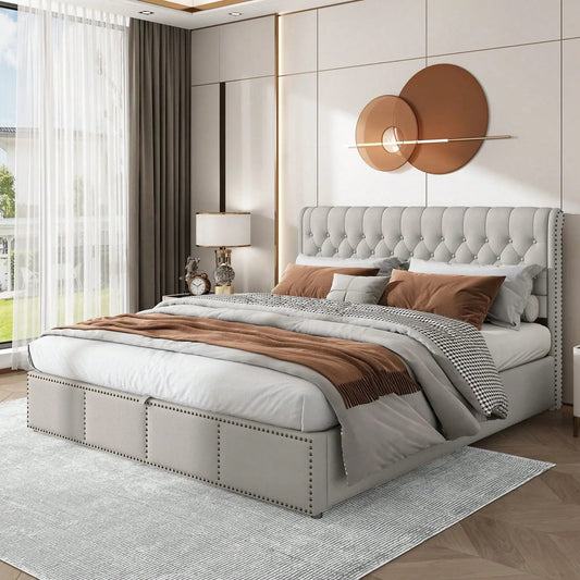 Yazarine Upholstered Double Bed with Storage and Rivet Detail - Refined Maison®