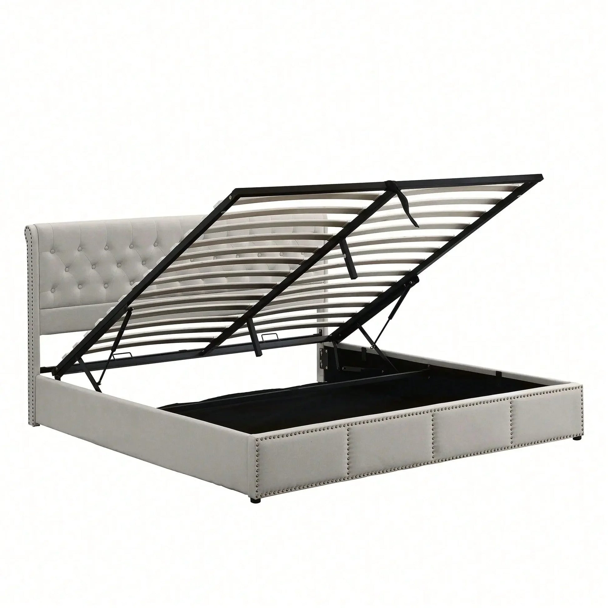 Yazarine Upholstered Double Bed with Storage and Rivet Detail - Refined Maison®