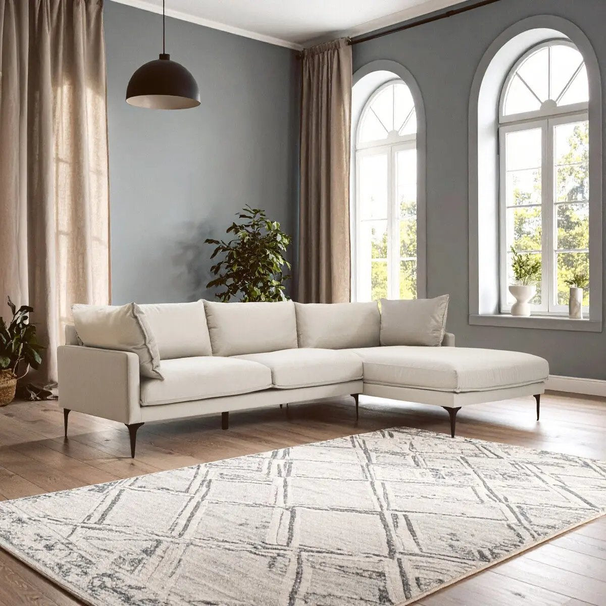 Troyes Cream Three Seat Right Chaise Sofa Orsina