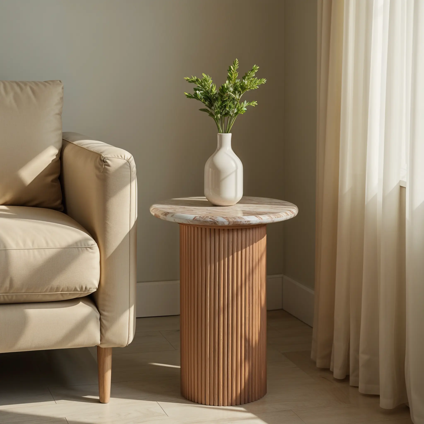 Bundi Natural Marble & Wood Pedestal Side Table Verty Furniture